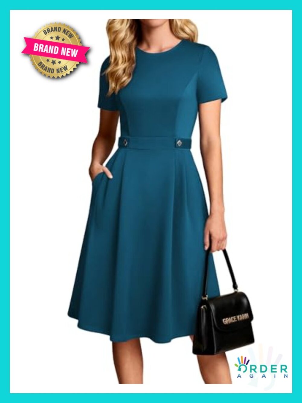 Women's Short Sleeve A-Line Midi Dress with Pockets